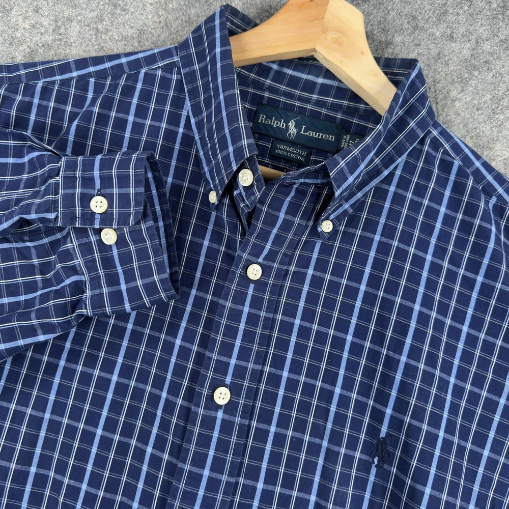 Ralph Lauren Yarmouth‎ Shirt Mens 17 34/35 Blue Check Cotton Button Down Long